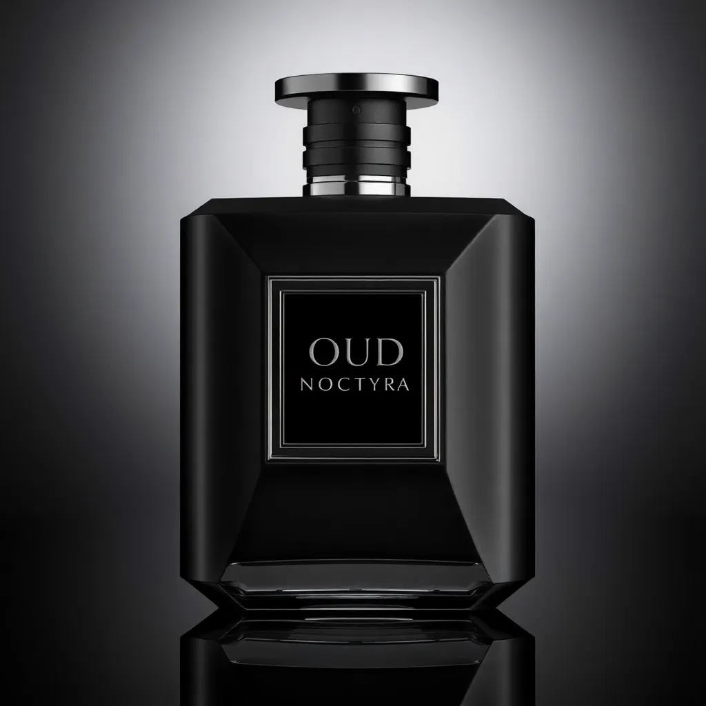 Oud Noctyra perfume bottle with matte black finish and silver accents, sleek and intense design