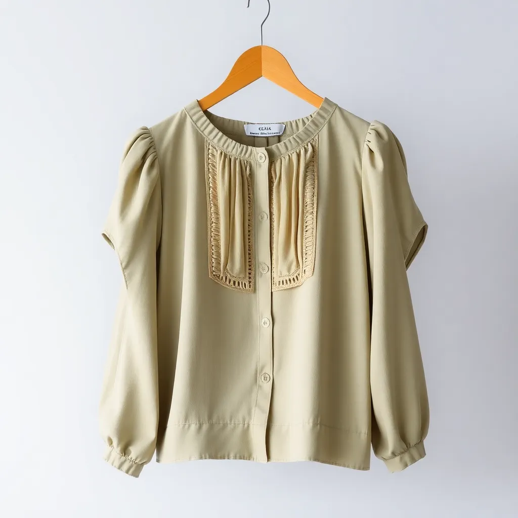 Blouse putih modern dengan lengan balon dan kancing depan, dipajang di hanger kayu dengan latar belakang netral