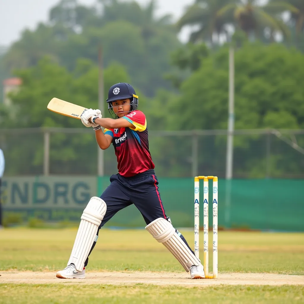 14-year-old Vaibhav Suryavanshi smashing a powerful cricket shot during a match with intense focus