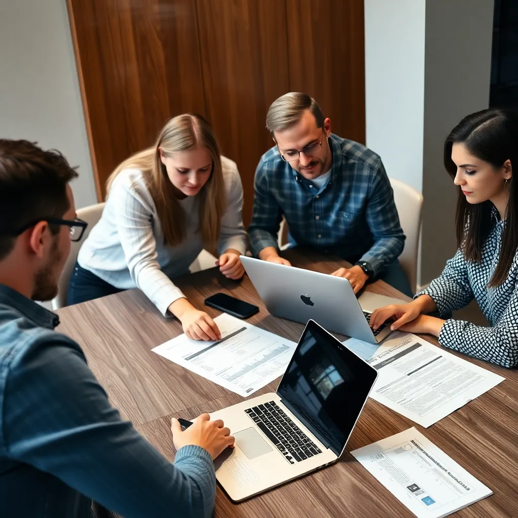 Four people collaborating at a table with laptops and documents