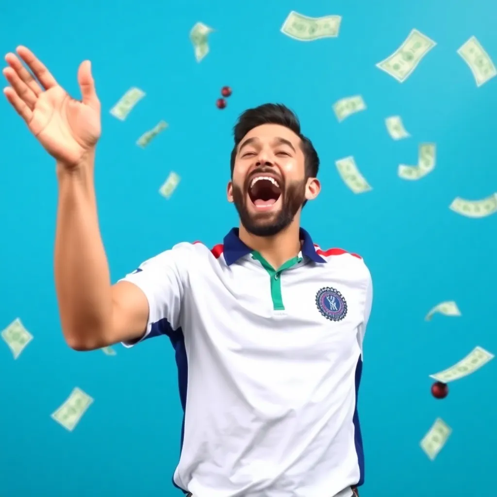 Excited cricket fan celebrating big win with money flying around, symbolizing making money from IPL 2025 fantasy leagues and betting
