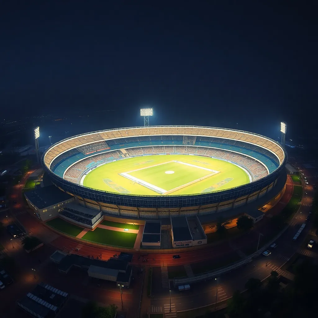 A panoramic view of Bharat Ratna Shri Atal Bihari Vajpayee Ekana Cricket Stadium in Lucknow illuminated at night with a cricket match in progress