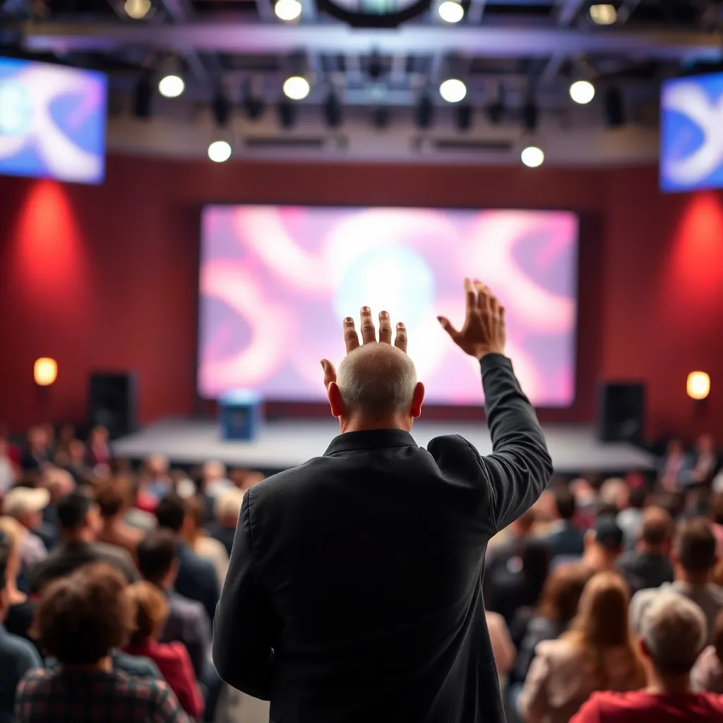 Back view of a speaker raising hand on stage in front of audience
