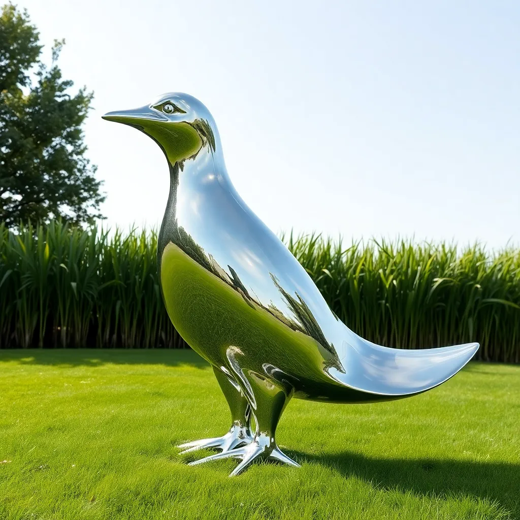 Shiny metallic abstract sculpture resembling a bird with green grass background
