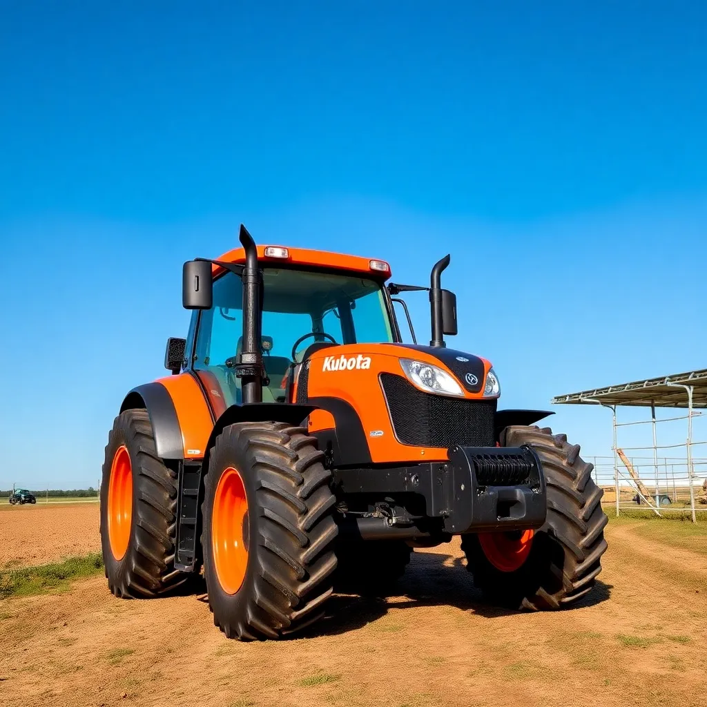 Kubota M7 Series Tractor parked on a farmyard with blue sky