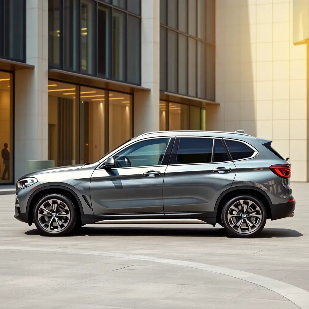A sleek, brand-new BMW X1 2024 luxury car parked in a modern urban setting with sunlight reflecting off its shiny metallic surface