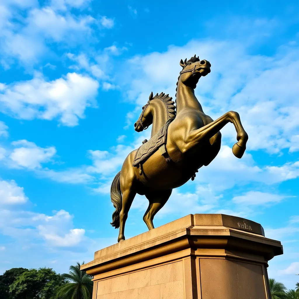 Equestrian statue in Pune with blue sky and white clouds