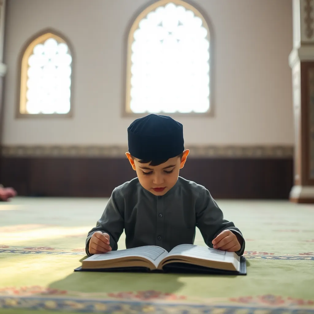 A serene image of a young Muslim child memorizing the Quran in a peaceful mosque setting, with soft natural light illuminating the pages