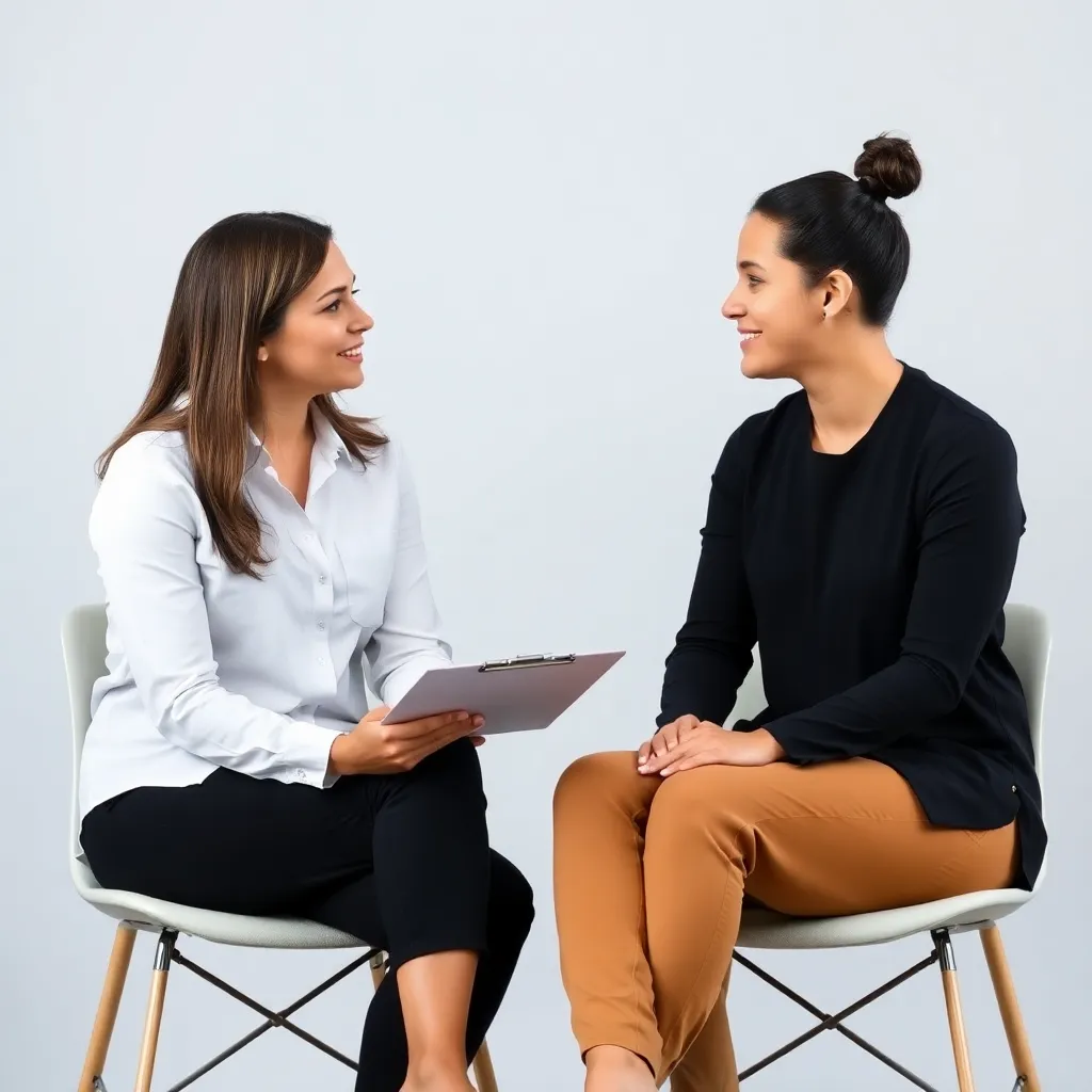 Two people sitting facing each other, one holding a clipboard, representing professional guidance