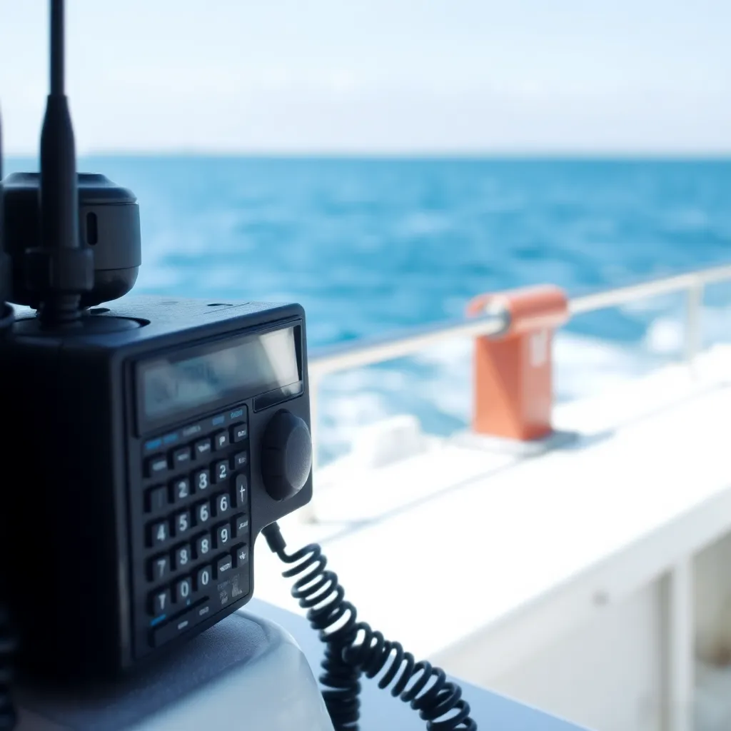 Communication radio device on a boat with ocean background and clear sky