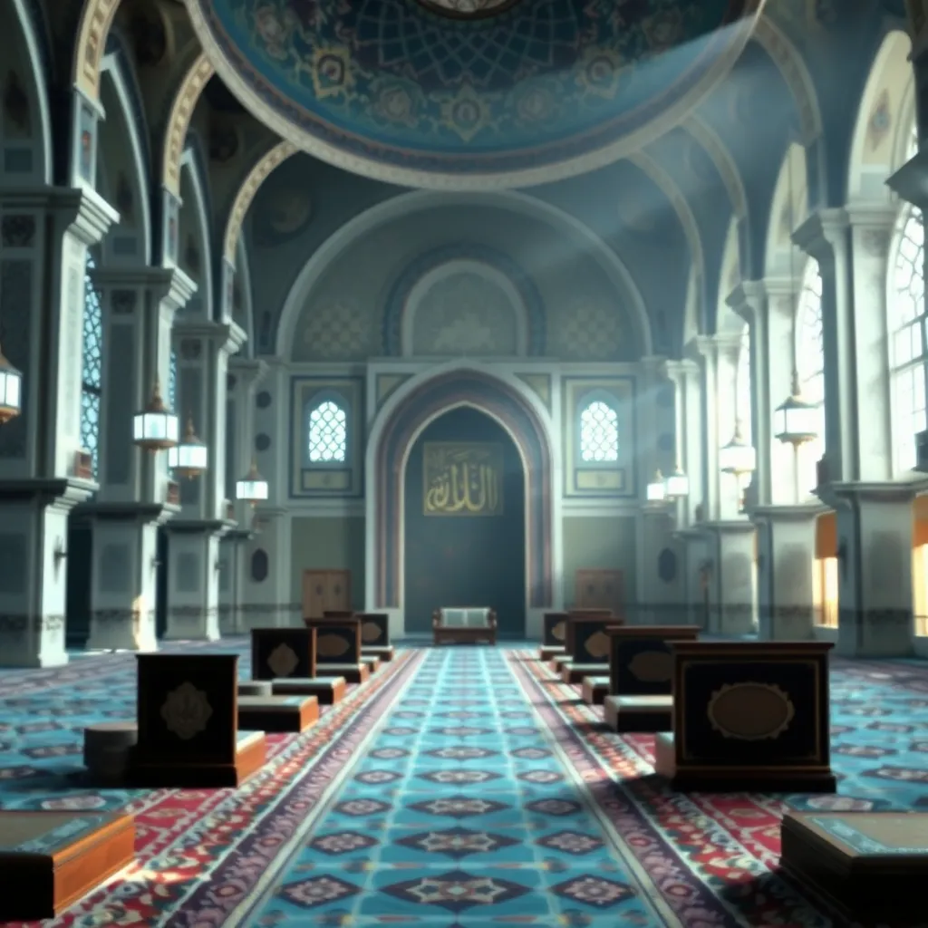 Gambar latar menunjukkan interior masjid yang tenang dengan suasana pembacaan Quran