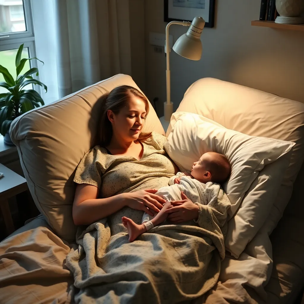 Postpartum mother resting comfortably at home with a nurse providing supportive care