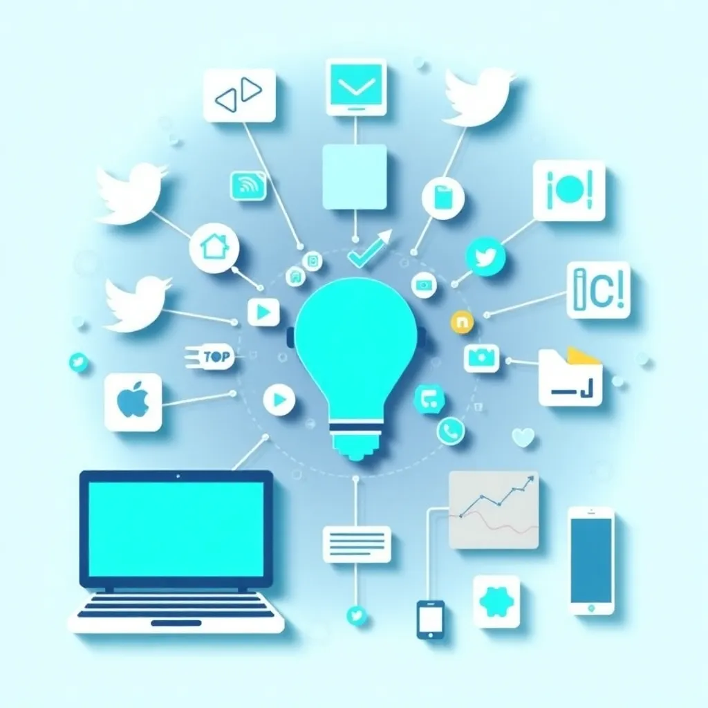 Social media marketing concept with icons and devices in teal and navy colors