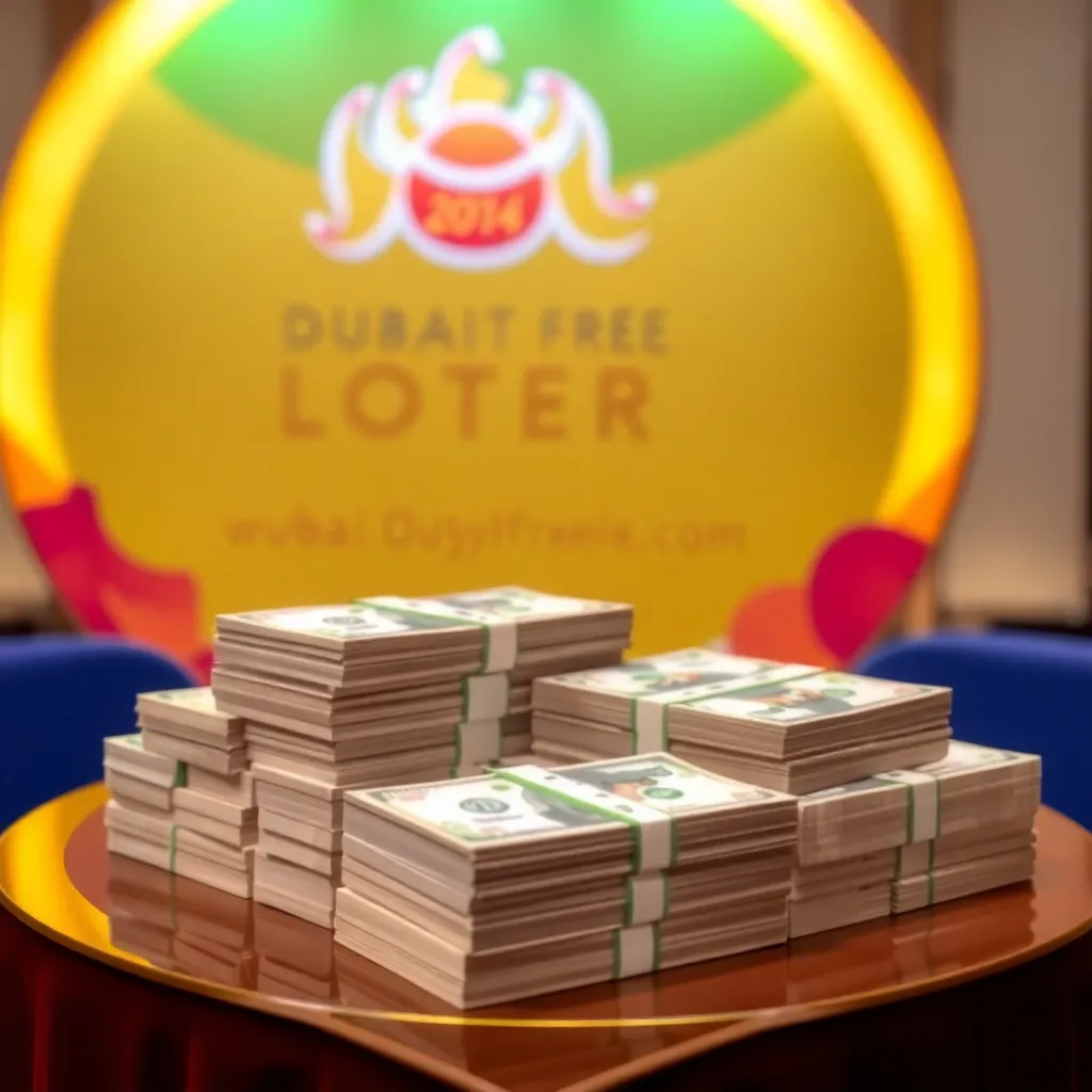 Stacks of cash prize displayed on a table with Dubai Duty Free Lottery branding in the background