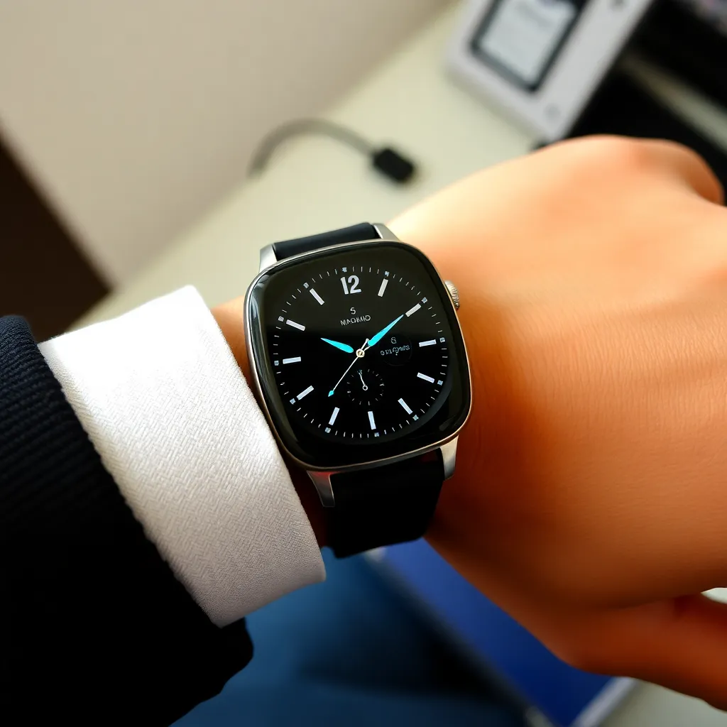 Smartwatch warna hitam dengan layar bulat dan tali silikon