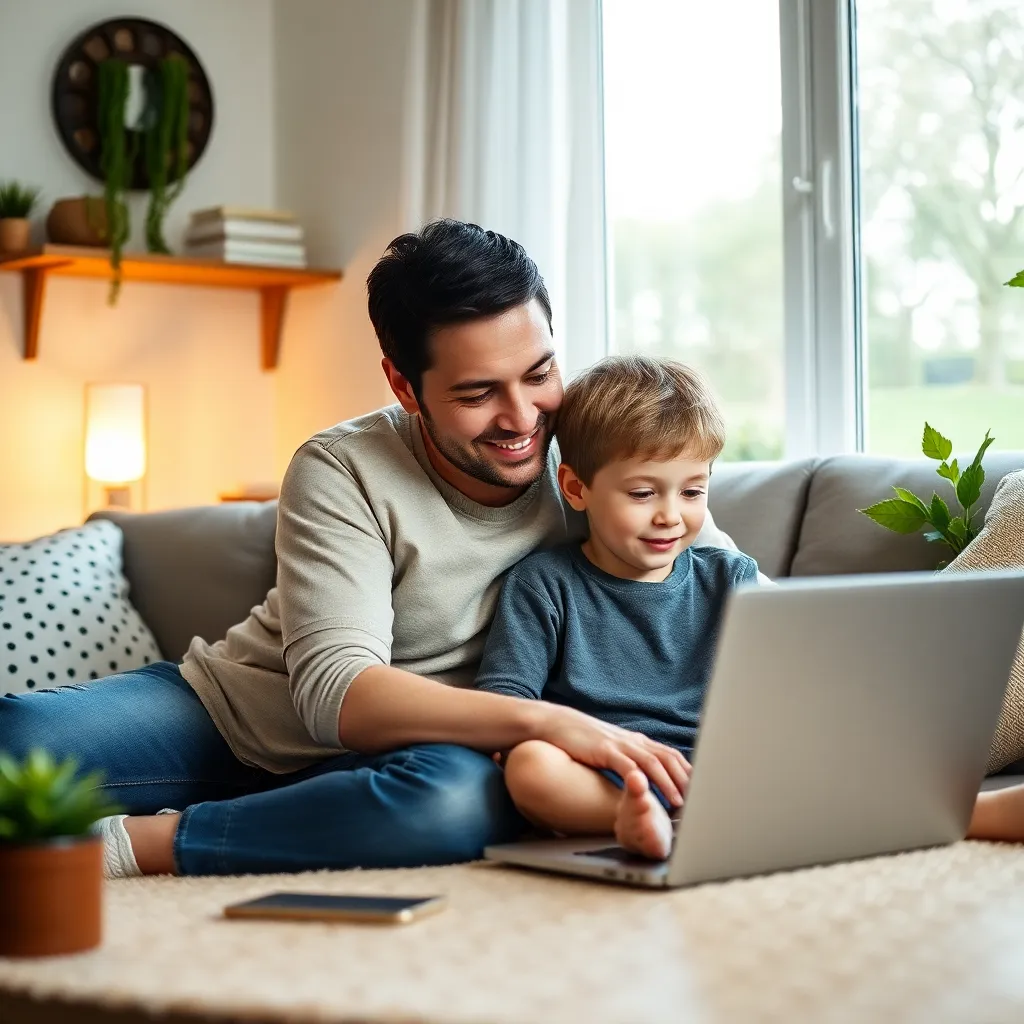 Parent and child using laptop together in cozy home environment