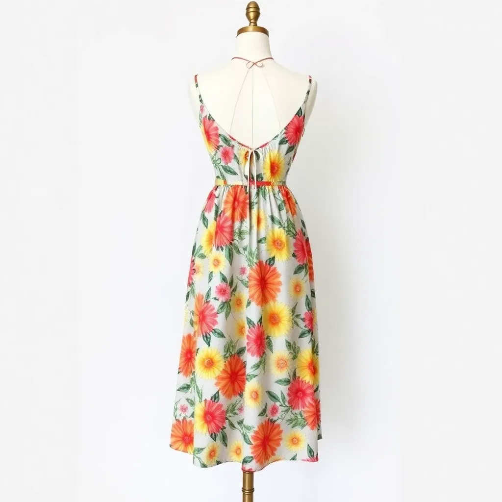 Rok midi floral dengan motif bunga warna-warni, bahan ringan dan flowy, dipajang di mannequin dengan latar belakang putih