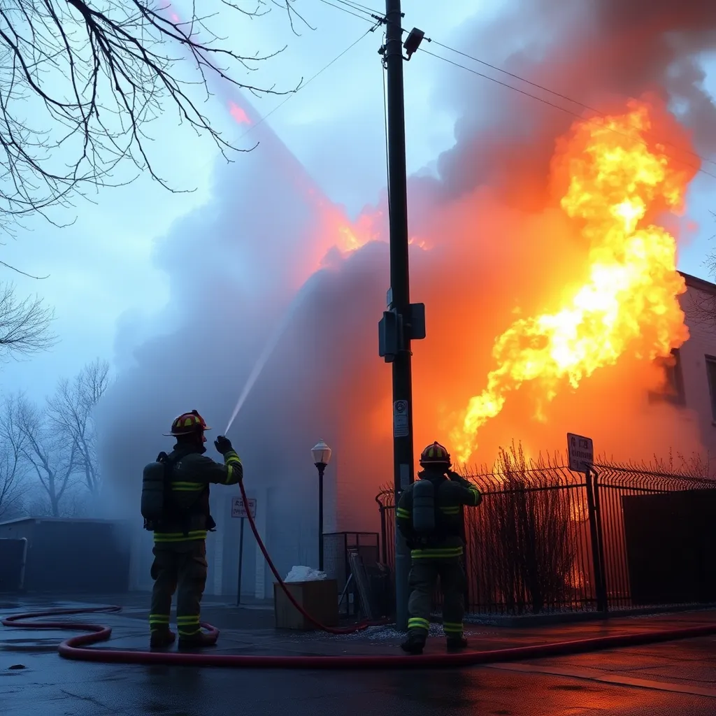 News image showing firefighters in action extinguishing a fire at a building