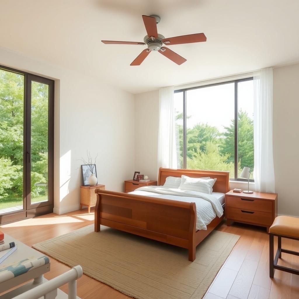 Interior design of a bedroom with a large window and a wooden bed