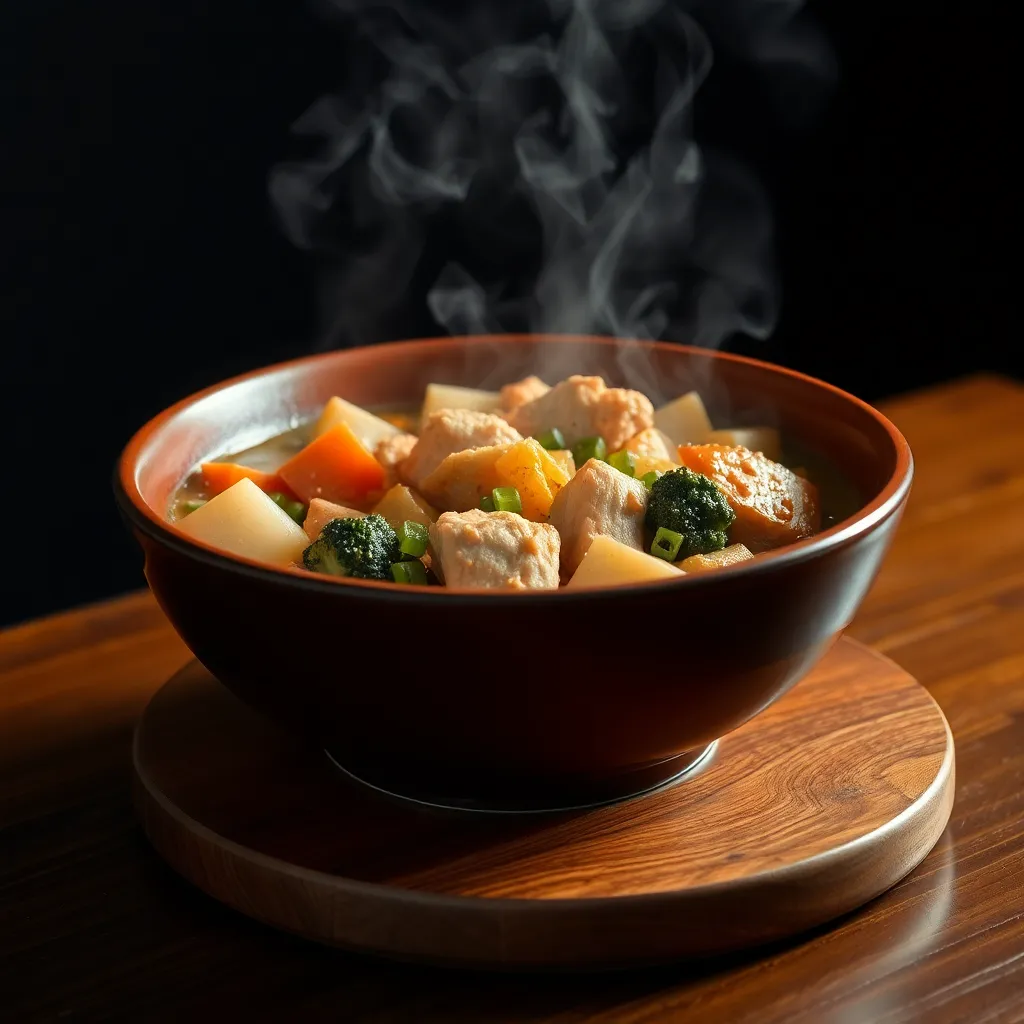 Steaming bowl of cooked food with vegetables and meat in a brown bowl on wooden table with dark background