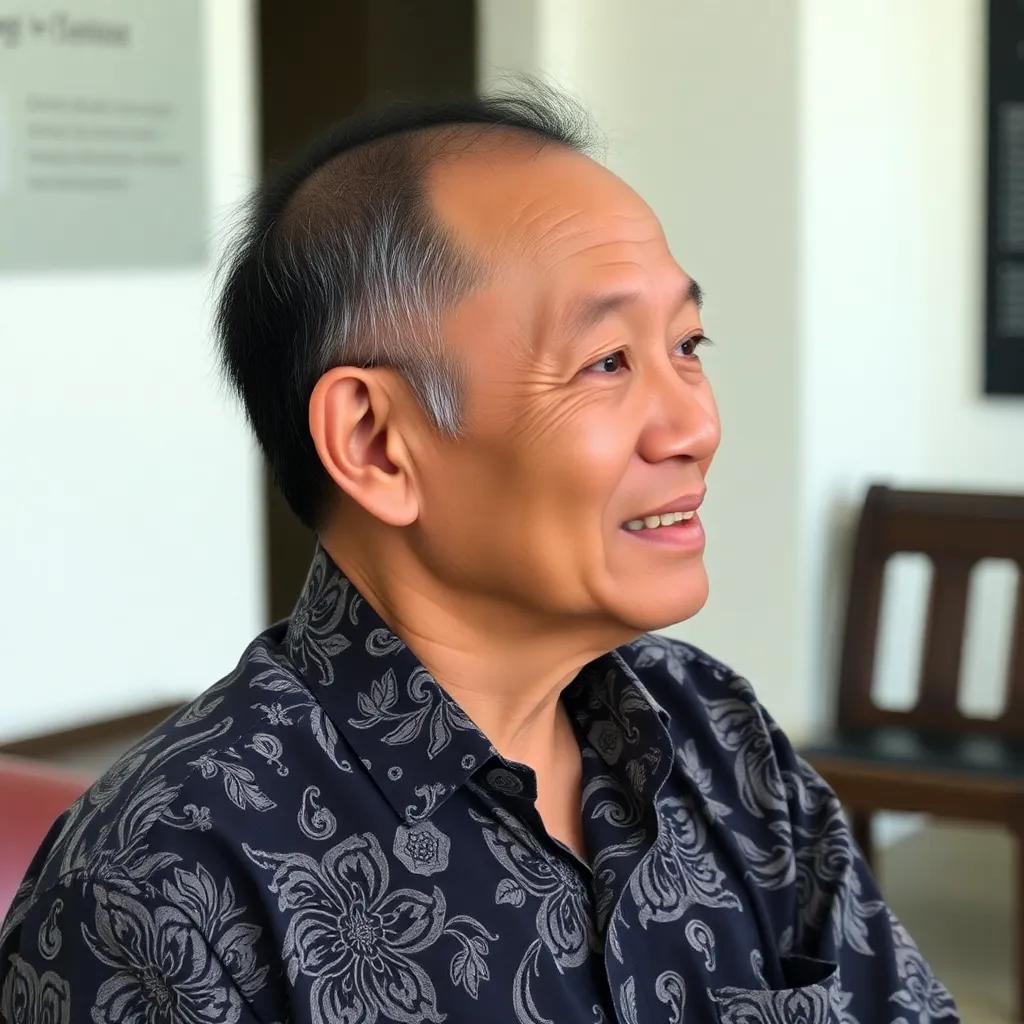Foto profil seorang pria tua dengan janggut putih tersenyum di latar belakang perpustakaan