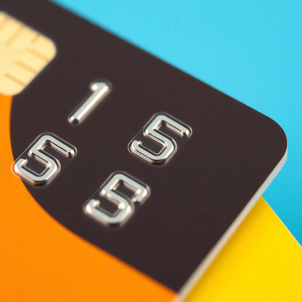 Close-up of credit card numbers and chip with blue background