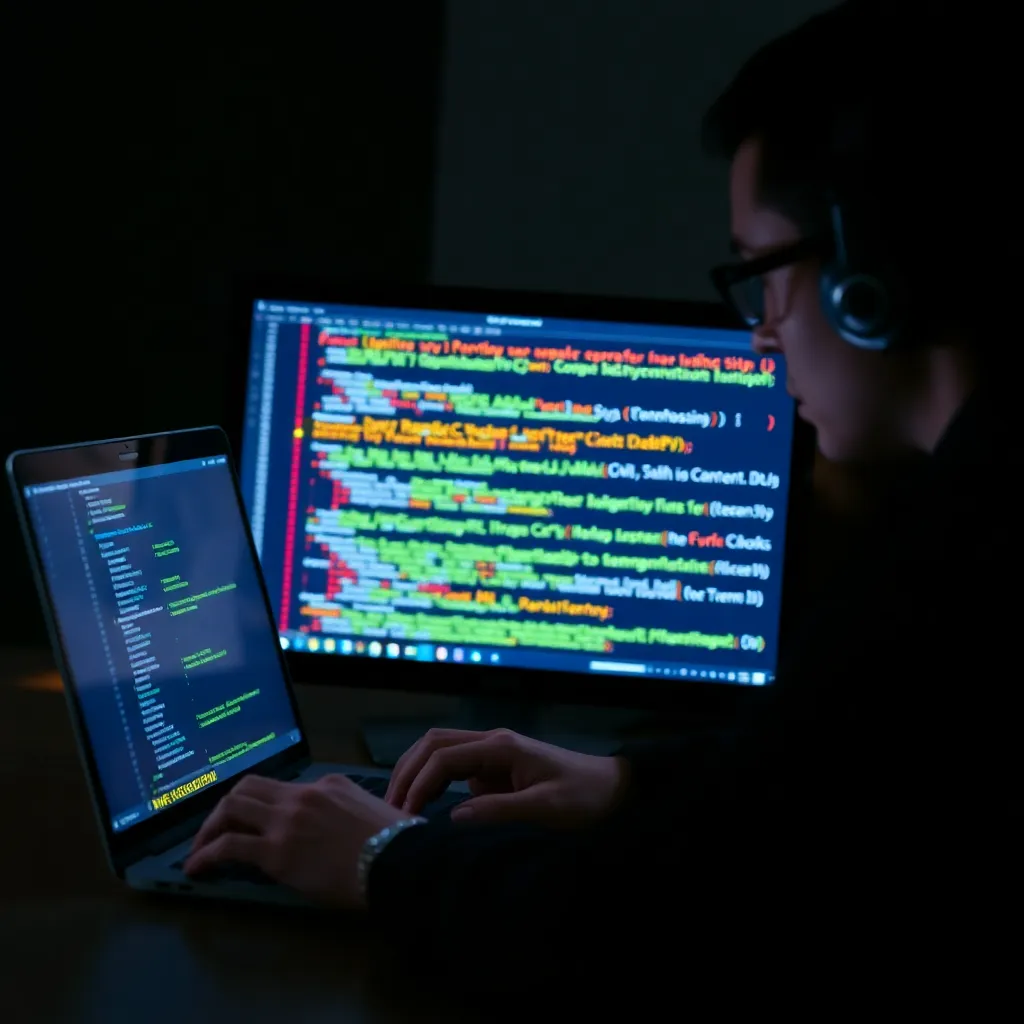 Photo of a cybersecurity professional performing penetration testing on a laptop with code on screen