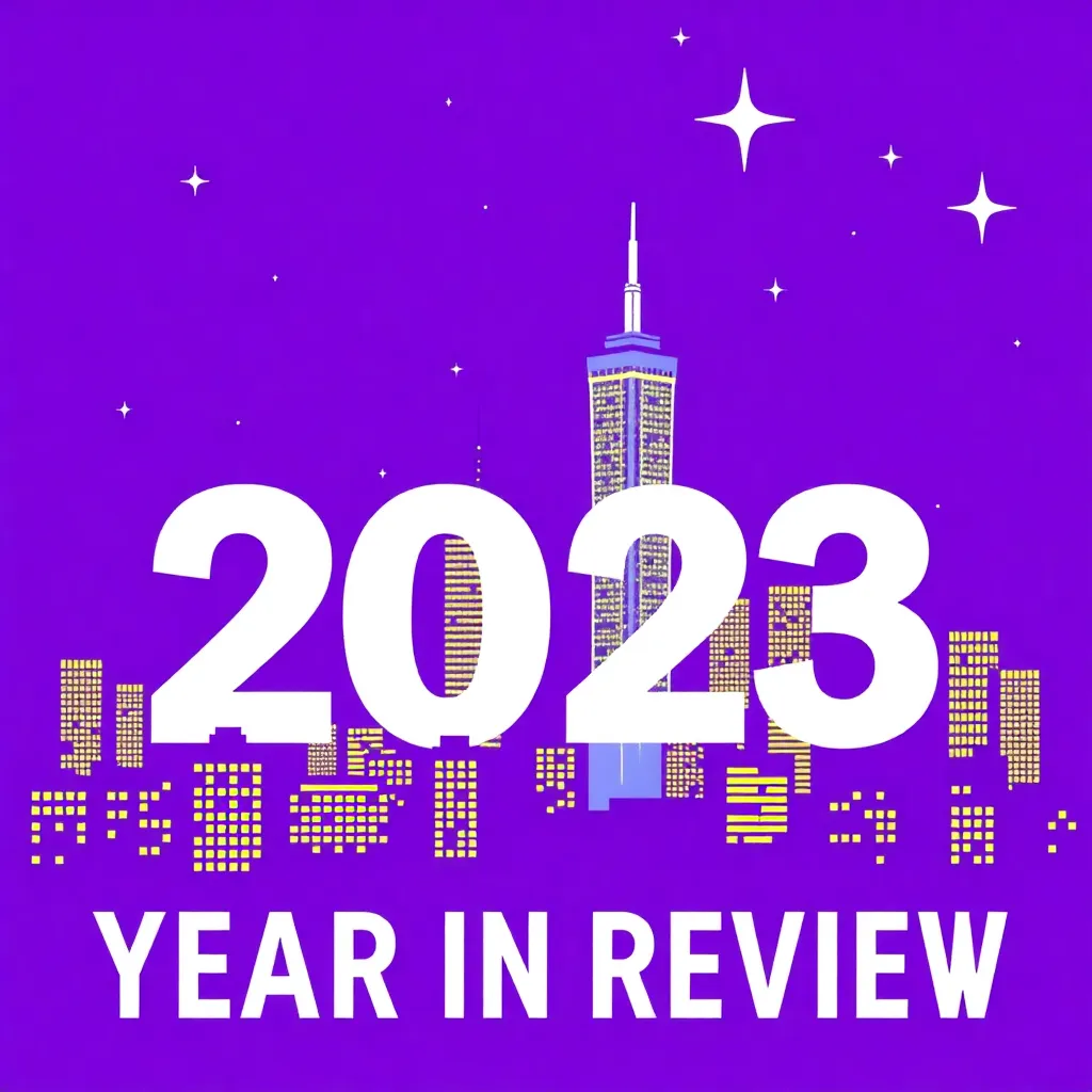 2023 Year in Review cityscape with purple background and stars