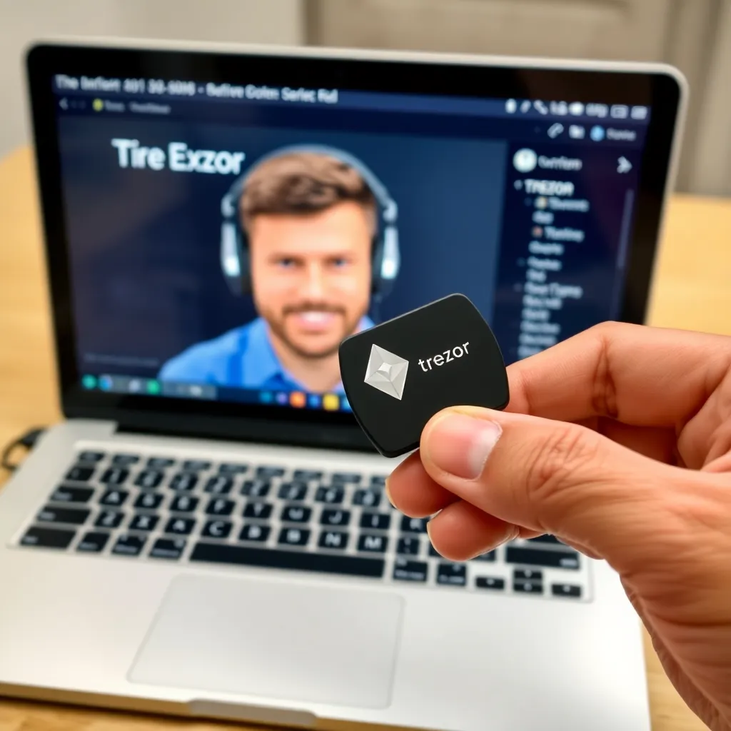 Person holding a Trezor device in front of a laptop showing a man wearing headphones labeled Trezor Expert