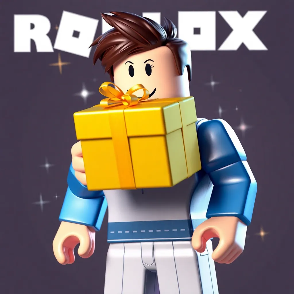 Roblox avatar holding a golden gift box with sparkles around