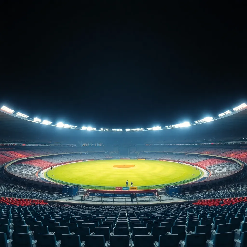 An empty IPL stadium with bright floodlights ready to host matches once IPL 2025 resumes
