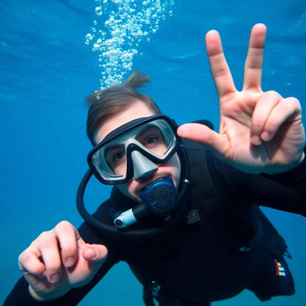 Underwater photo of a scuba diver making a peace sign with fingers, underwater background with bubbles and blue water