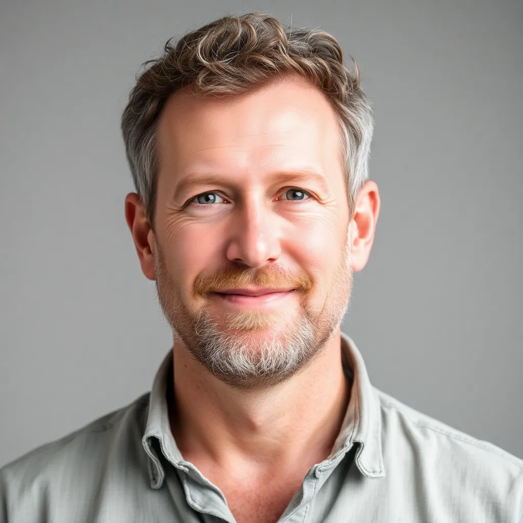 Portrait of David Thompson, a man with short curly hair and a beard, wearing a casual shirt