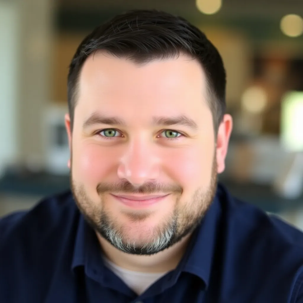 Portrait of Chris Thompson, a man with short black hair and a beard, wearing a dark blue shirt