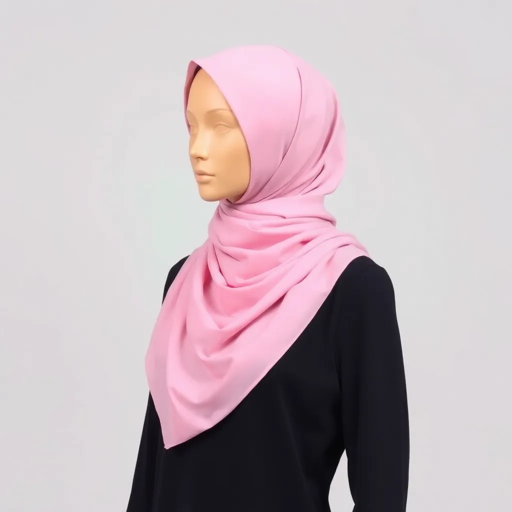 Hijab style recommendation with soft pastel pink fabric draped elegantly on a mannequin
