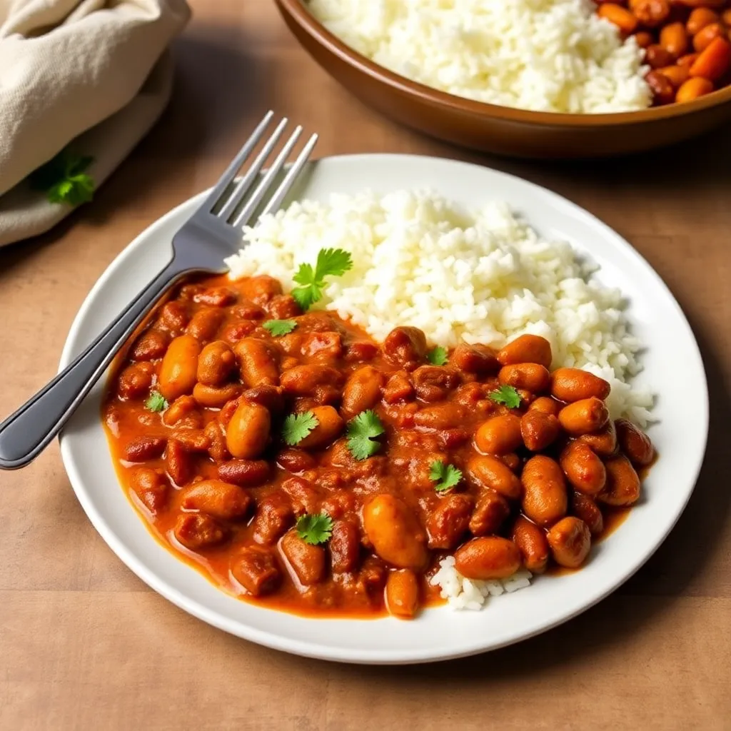 Plate of rajma chawal with red kidney beans curry and steamed white rice