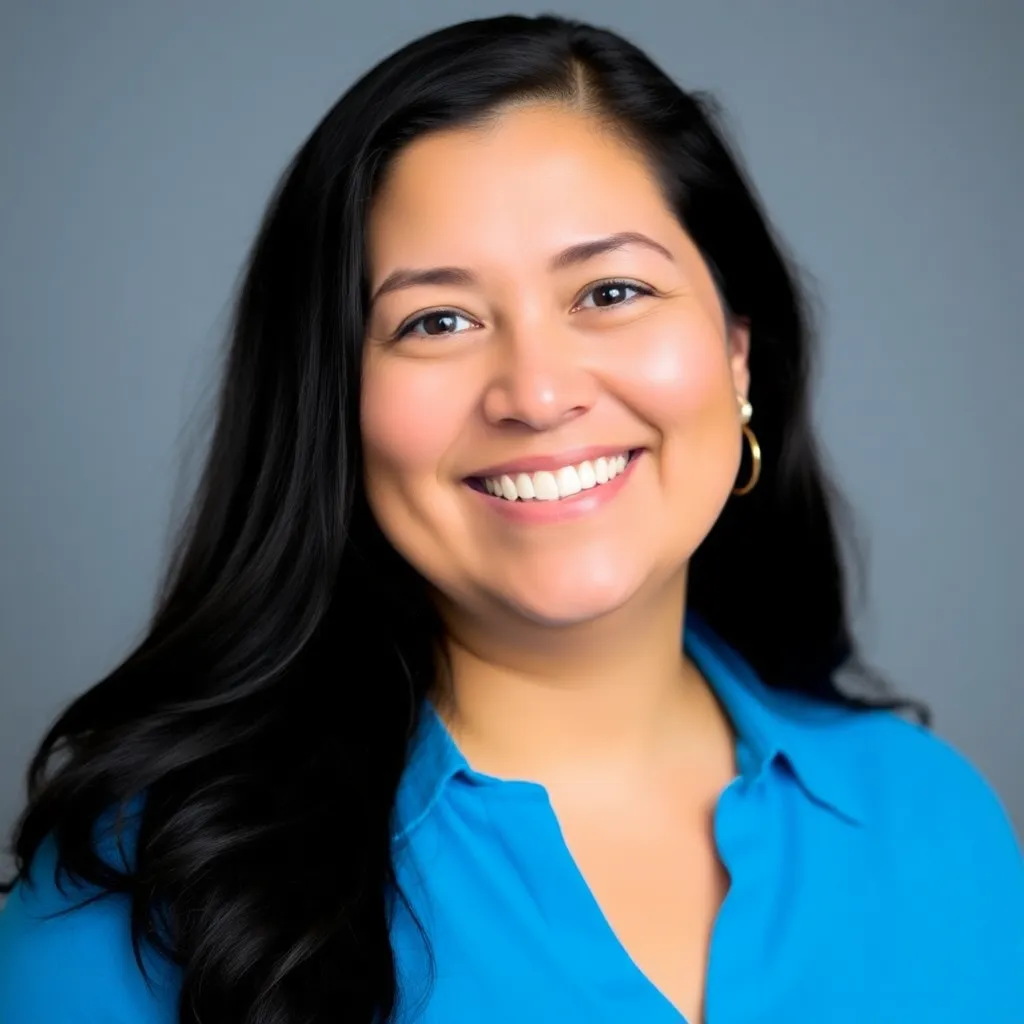 Portrait of Alice Smith, a woman with long black hair and a bright smile, wearing a blue shirt