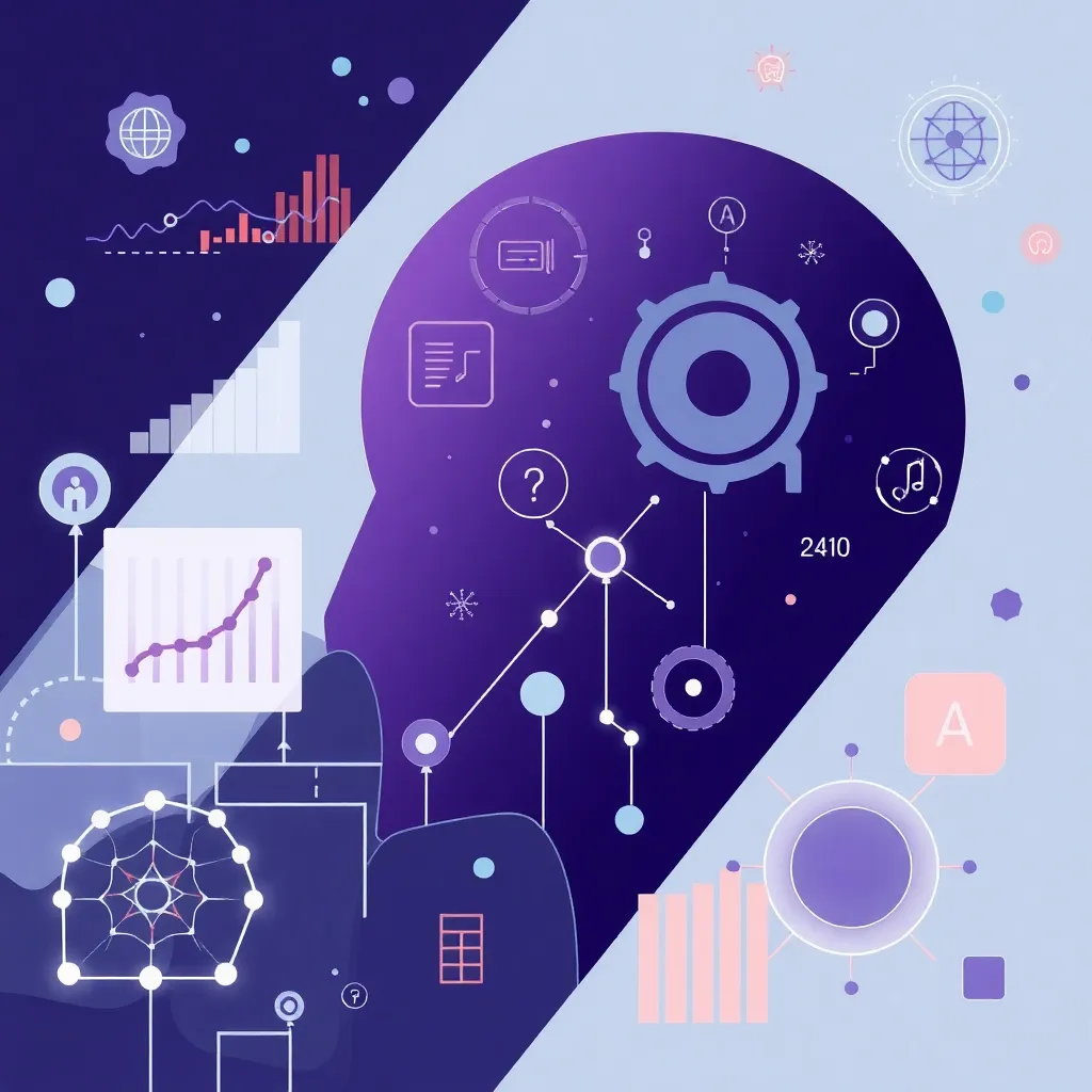 Illustration showing data science and AI concepts with charts, graphs, and neural network icons in a futuristic style