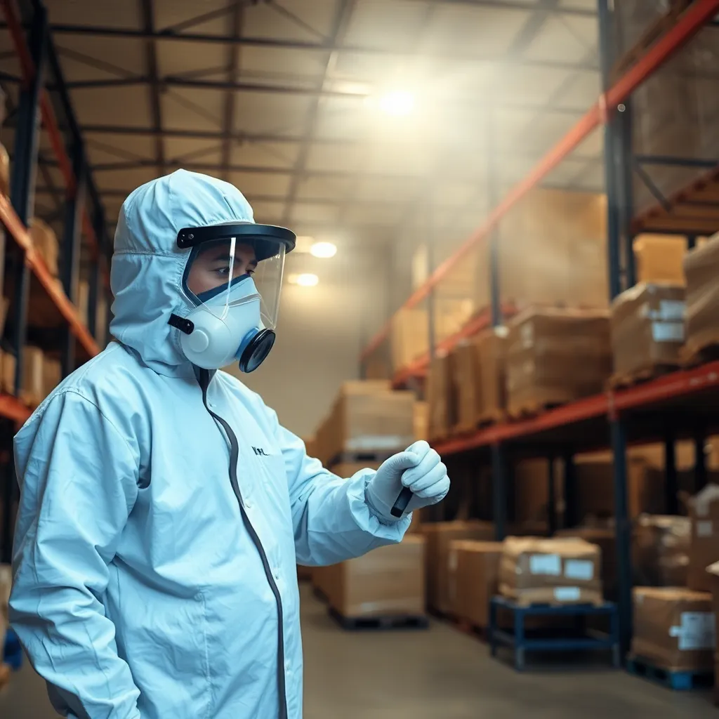 Fumigation service being conducted in a large warehouse with pest control technician wearing protective gear