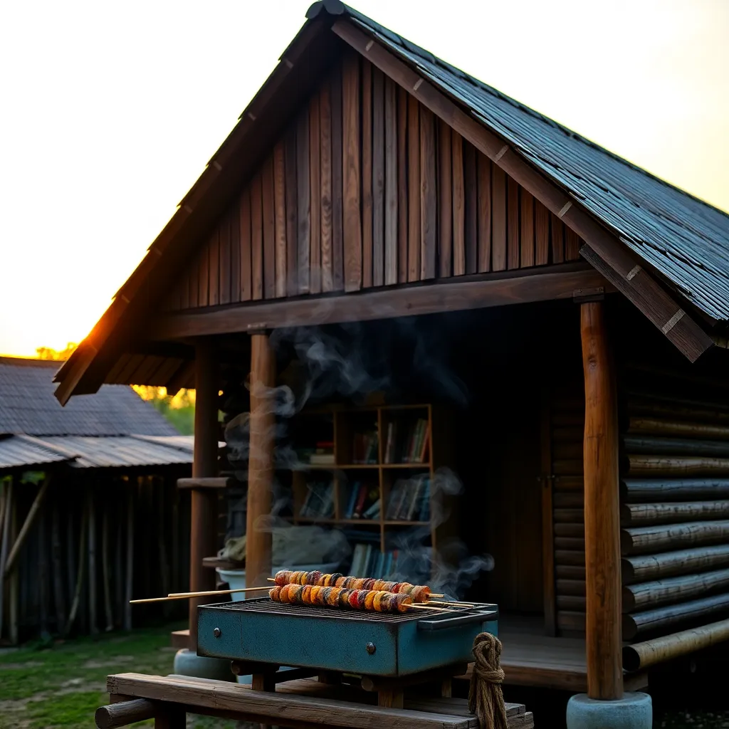 Traditional Malay wooden house with a satay grill emitting smoke, warm orange sunset background