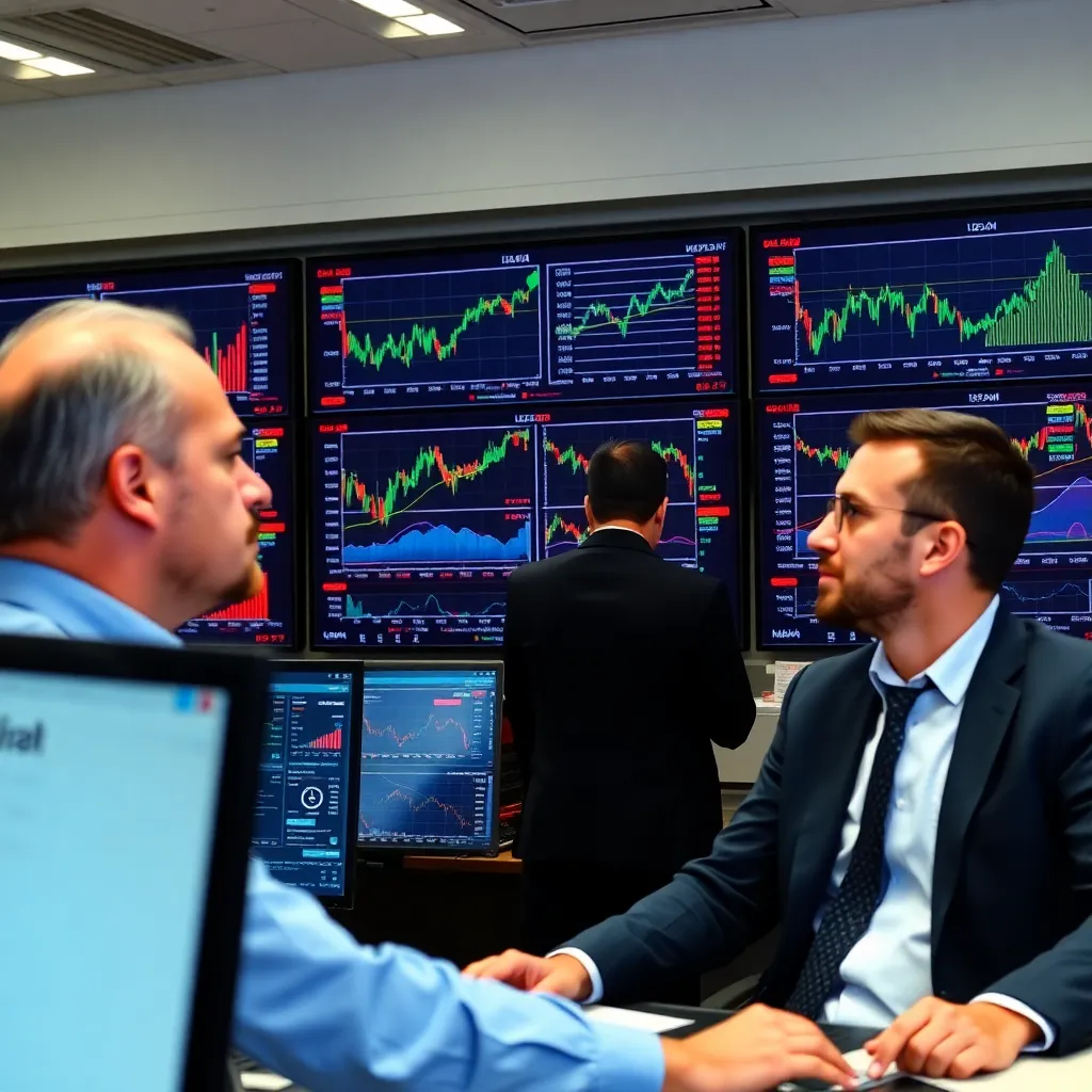 Finance industry showing financial charts and professionals analyzing data on multiple screens