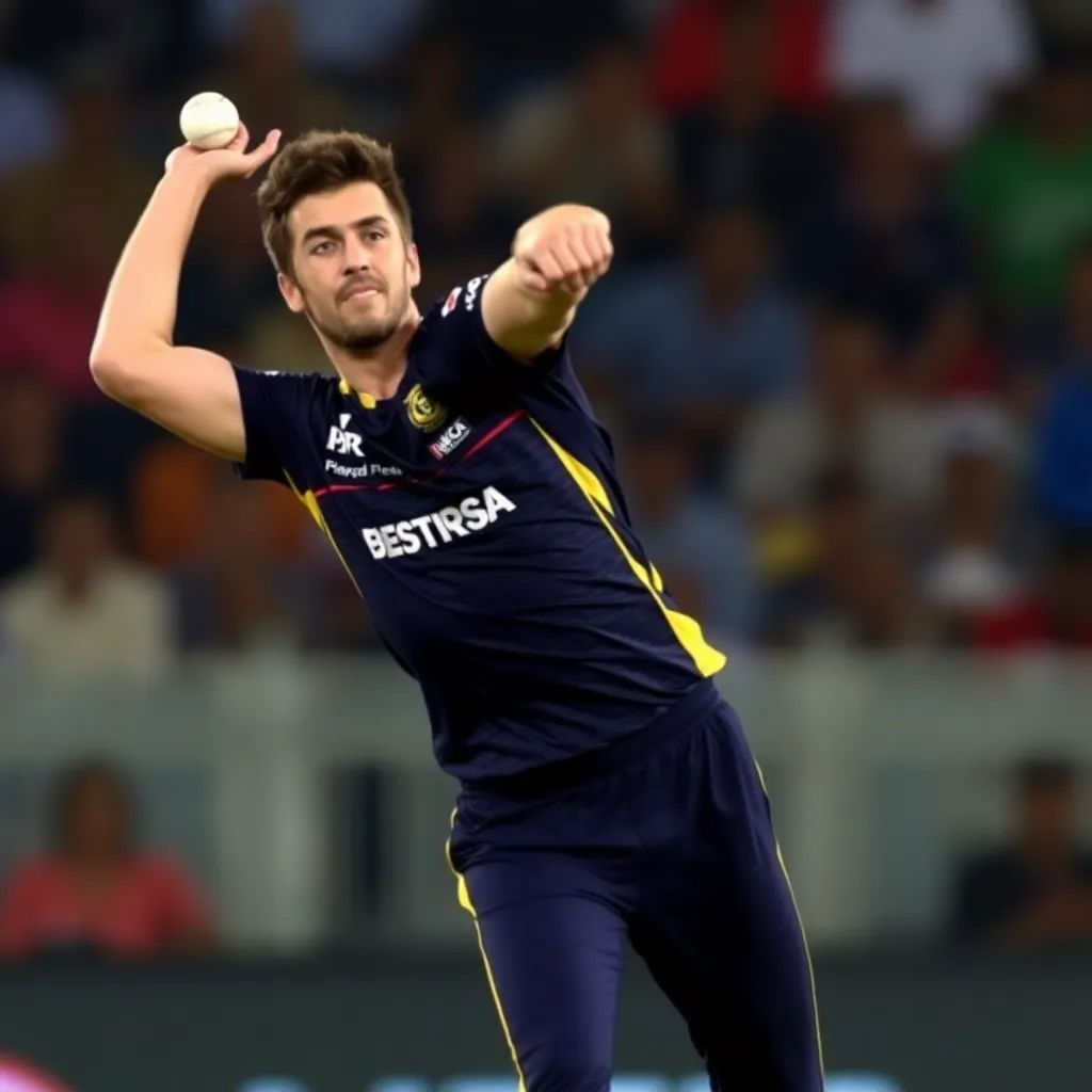 Mitchell Starc in bowling action delivering a fast ball during IPL 2025 match