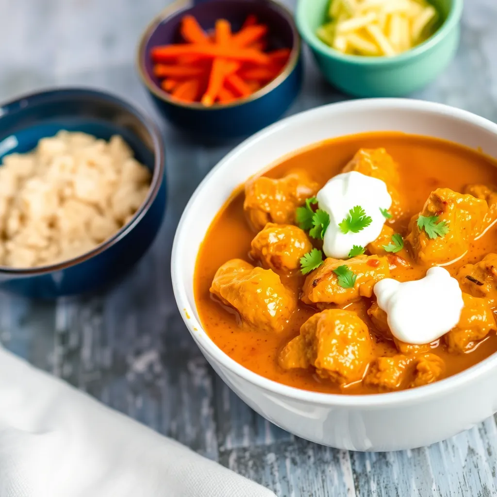 Bowl of creamy butter chicken garnished with cream and coriander