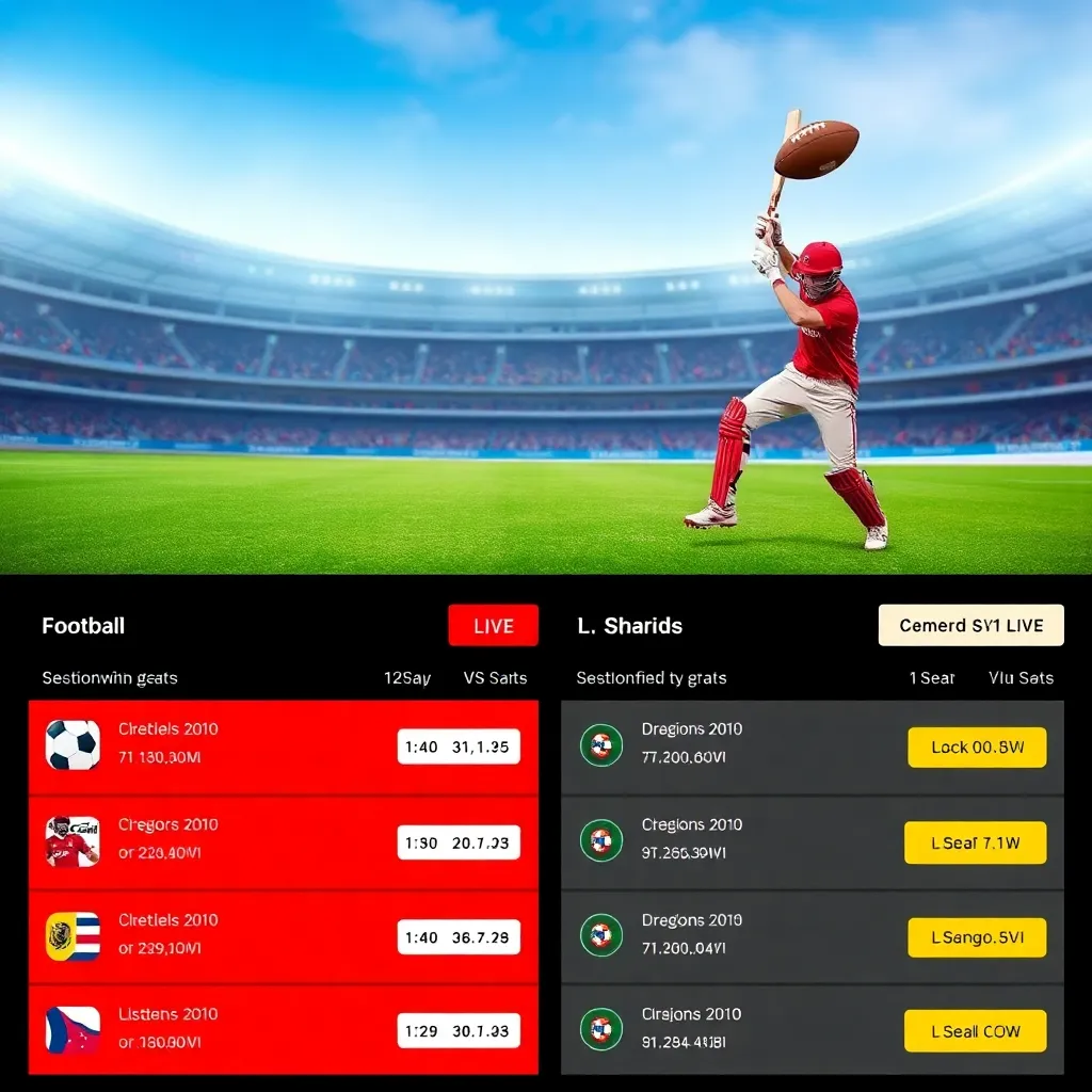 Live sports betting interface showing football and cricket matches with live odds and betting options