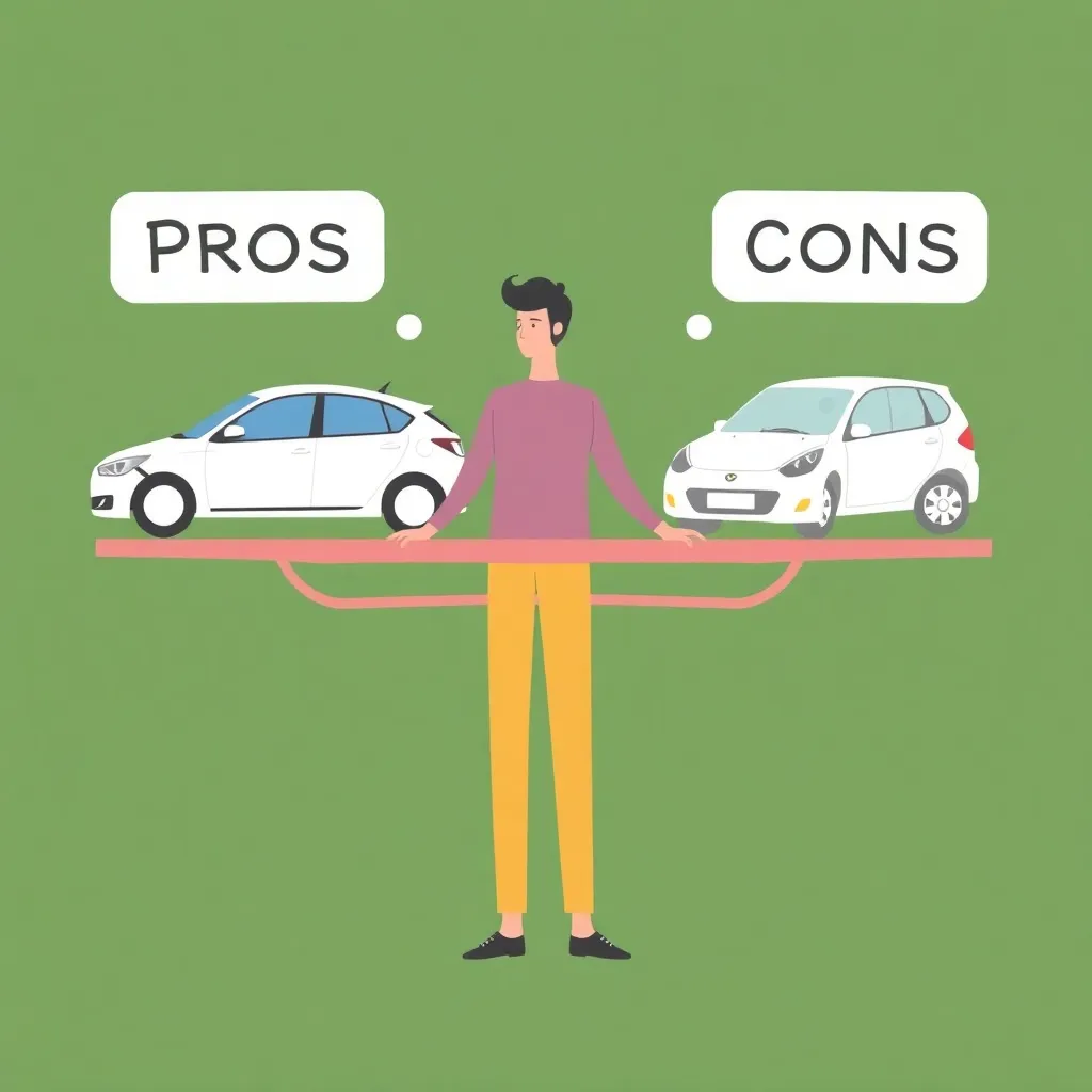 Illustration of a person balancing pros and cons of electric cars with green background