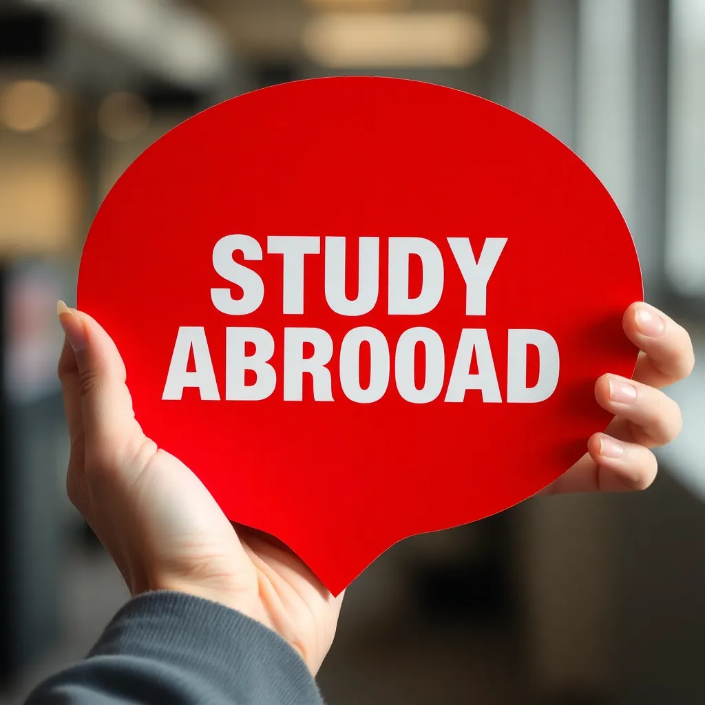 Hands holding a red speech bubble sign with white bold text 'STUDY ABROAD'
