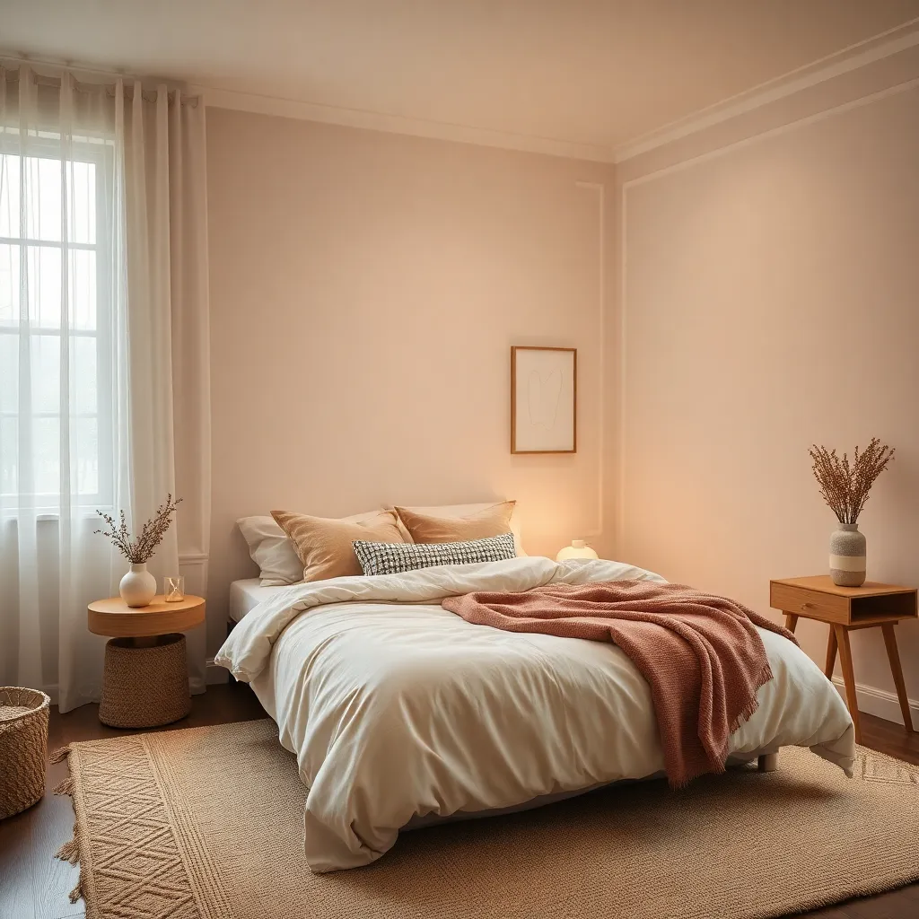 Cozy bedroom interior with soft textiles, warm colors, and ambient lighting