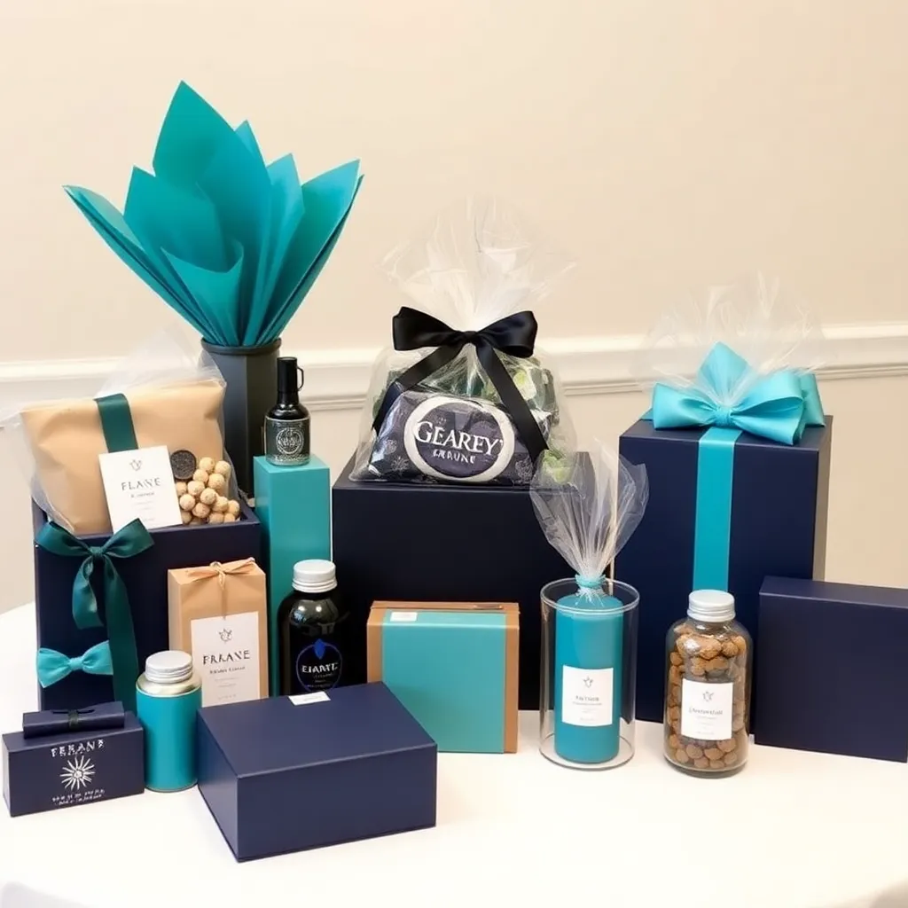 Corporate gifting items arranged on a table with teal and navy color accents