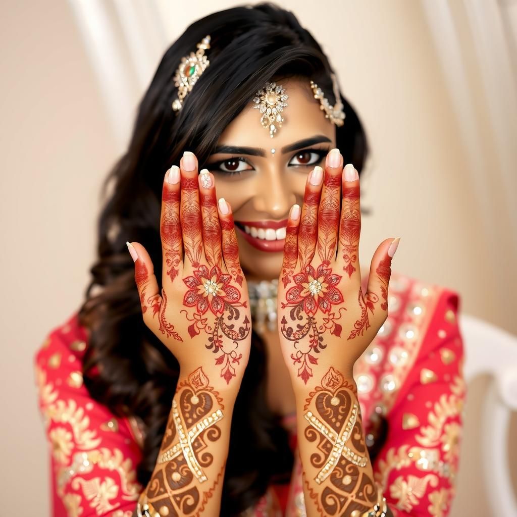Image of a happy bride with beautiful Mehandi designs on her hands