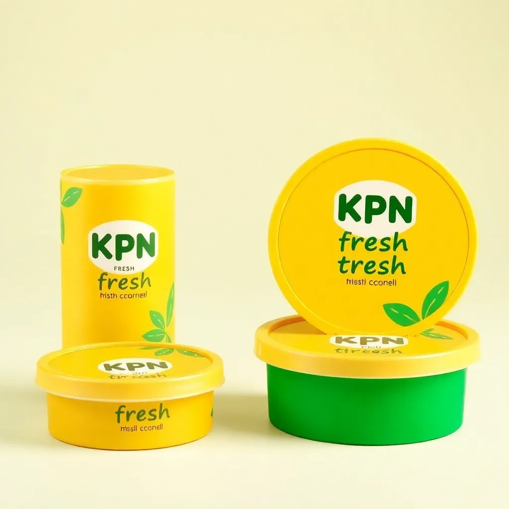 Two cylindrical and two round KPN Fresh packaging containers in yellow and green